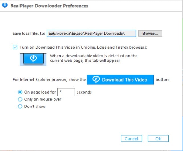 Настройки Real Player Downloader